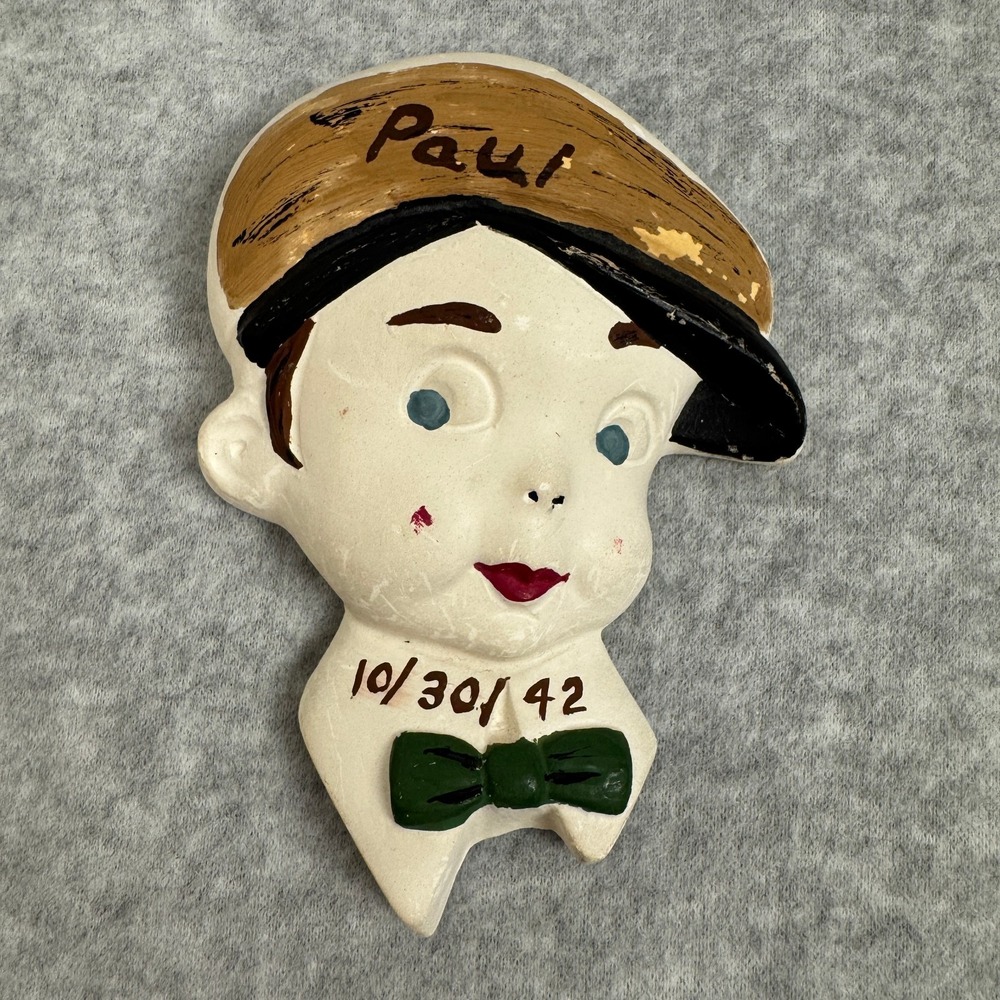 Vintage Chalkware Wall Plaque Hand Painted Young Boy Paul Brown Cap Bow Tie